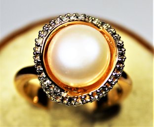 Contemporary Pearl And Gold Over Sterling Silver Ladies Ring Size 7
