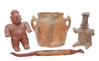 Jalisco Pre-Columbian Terracotta Seated Female And Nayarit San Sebastian Male Warrior  Figures, Jug And More