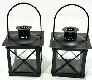Vintage Set Of Black Metal And Glass Lantern Candle Holders