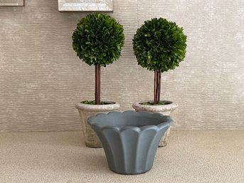 A Pair Of Natural Preserved Boxwood Topiary In Pots And A Terrain Tulip Pot