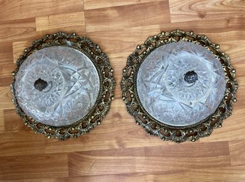 Pair Of Cut Glass & Gilt Bronze Victorian Style Ceiling Mount Lights