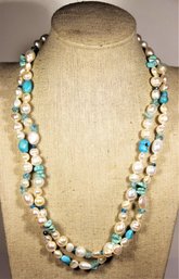 Sterling Silver Genuine Turquoise And Cultured Pearl Double Strand Necklace