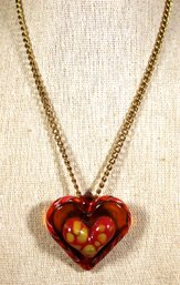 Fine Gold Tone Curb Link Gold Filled Necklace Having Art Glass Heart Shaped Pendant