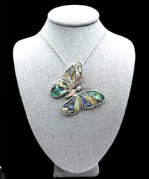 Gorgeous Sterling Silver Heavy Abalone Butterfly Pendant On Italian Sterling Silver Snake Chain