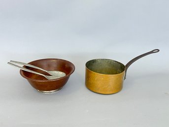 Antique Copper Pot With Iron Handle, Salad Bowl With Sterling Silver Base And Pewter Salad Set