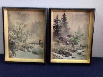 Pair Of Framed Foggy Landscape Scenes By The Water