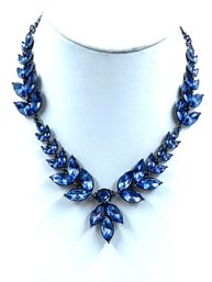 Striking Graduated Montana Blue Rhinestone Figural Leaf Necklace