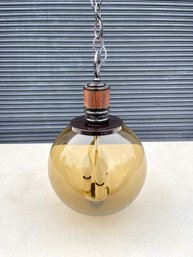 Mid Century Smoked Glass And Rosewood Pendant/Swag Lamp