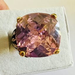 PRETTY SILVER/GOLD TONE PINK CZ FACETED CUSHION CUT RING