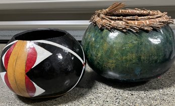 Pair Of Hand Painted Gourd Art Vessels From Arizona Signed By Artist