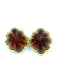 Signed Vintage Kenneth Jay Lane Goldtone & Faux Amber Clip Earrings