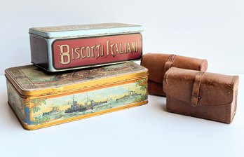 Vintage Biscotti Tins And Leather Cases