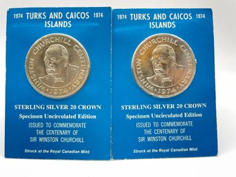 Pair Of 1974 Turks And Caicos Islands Sterling Silver 20 Crown Coin.