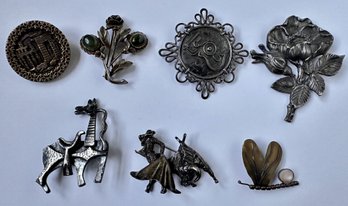 Selection Of 7 Vintage Metal Pins, Mostly Animal & Floral Design