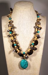 Sterling Silver, Pearl, Turquoise, Smoky Quartz Contemporary Necklace