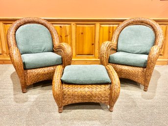 Two Pottery Barn Malabar Rattan Lounge Chairs And One Ottoman