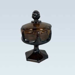 Vintage MCM Viking Art Glass Epic Ribbed Column Smoke Colored Jar With Lid