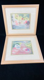 Pair Of Watercolors Of Flower Garden - Artist Signed