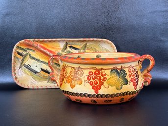 A Pair Of Hand-Painted Pottery Pieces, Made In Italy