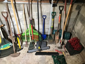 HUGE TOOL LOT !  - Would Be Hundreds Of Dollars To Buy New - Rakes - Shovels - Brooms - Cast Iron Xmas Stand