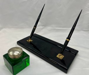 Vintage Sheaffer Double Fountain Pen Desk Set And Vintage Green Glass Inkwell From India - 14k Gold Nibs