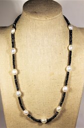 Fine Cultured Pearl And Hard Stone Beaded Necklace 20' Long Sterling Silver