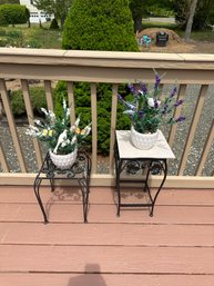 Small Black Outdoor Tables With Potted Artificial Flowers