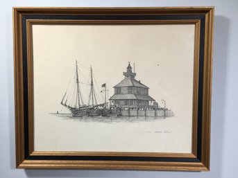 Handsome Signed Print / Etching By LAWRENCE PACKARD 115/250 - Clipper Ship - Lighthouse - House - VERY NICE !