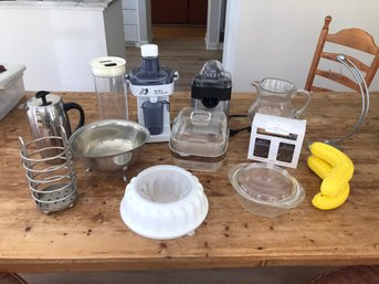 Lot Of Kitchen Items Including Starbucks Carafe, 2 Juicers, Pyrex Dish And Stieff Pewter Bowl