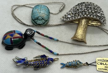 Fine Grouping Of Vintage Jewelry- Zuni Indian Gemstone Turtle, Articulated Fish, Rhinestone Mushroom, Scarab