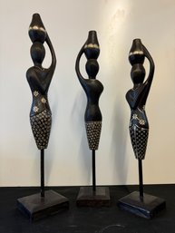 Trio Of Carved Wooden Female Figurines