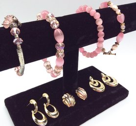 PINK JEWELRY LOT: 4 Cut Crystal & Polished Glass Bead Bracelets On Elastic, 3 Pairs Earrings Missing The Backs