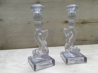 (SET OF 2) VINTAGE MMA KOI FISH IMPERIAL GLASS CLEAR CANDLESTICKS