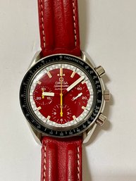 Omega Speedmaster 39 MM Steel Red Dial Automatic Chronograph Watch With Red Leather Band