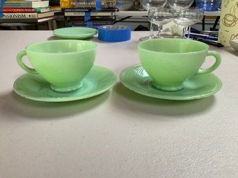 2 Jadeite Sheaves Of Wheat Teacups/saucers