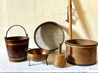 Six Antique Country Decor Group Including Fire Bucket