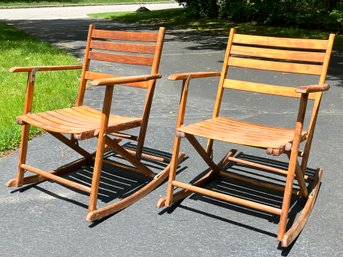 A Pair Of Vintage Slatted Resort Rocking Chairs, 1950's, Folding - Grand Porch Decor!