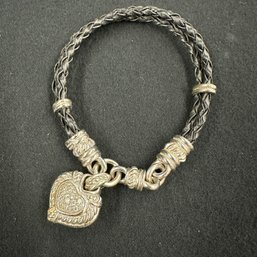 Beautiful JUDITH RIPKA Sterling Heart Black Braided Leather Bracelet