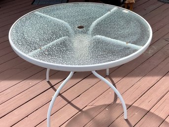40 Inch Round Glass Top Patio Table With White Metal Base & Umbrella Hole