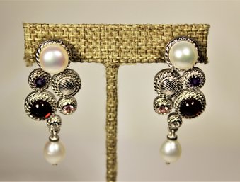 Judith Ripka Sterling Silver Genuine Pearl, Garnet, Amethyst Gemstone Clip Earrings