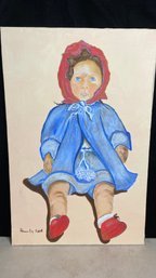 Large Original Signed Oil Painting Of Doll In Blue Petty Coat And Red Bonnet Painting