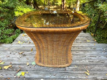 Vintage Oblong Wicker Table With Amber Glass Top