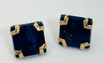 SIGNED CARLA LAPIS AND 14K GOLD SQUARE FORM EARRINGS