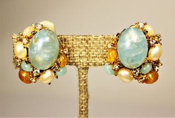 Signed CINER Vintage Costume Clip Earrings Blue Color Stones Faux Pearls