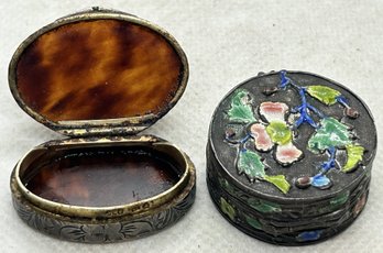 Antique Pill Boxes- French Sterling Silver With Tortoise Panels And Chinese Enamel