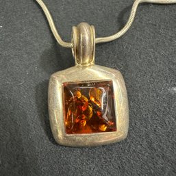Vintage Sterling 925 Amber Pendant With Sterling Chain