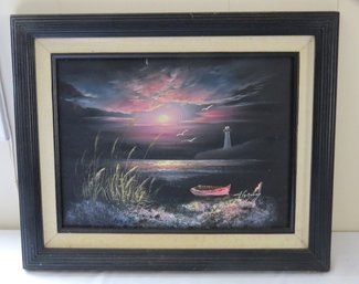 Moonlit Shoreline Painting W/lighthouse In Black Frame On Canvas