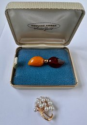 Vintage 12k G. F. Geniune Amber Pin New In Box, 14k Gold Sunlight Pin