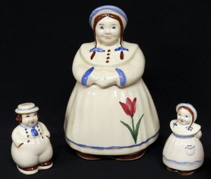 A Shawnee Pottery Dutch Girl Pottery Cookie Jar And Matching S&P Shakers Dutch Boy/Girl