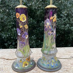 A Pair Of Antique Mont Joye Glass Table Lamps Hand Painted Enamel - Iris And Pansy